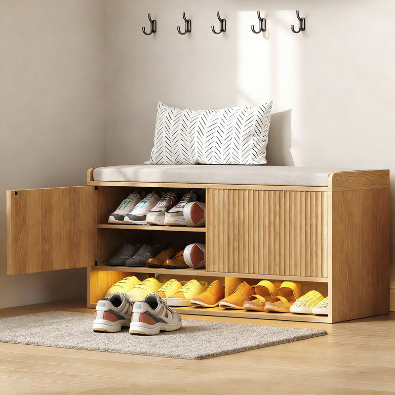 Banc de rangement cannelé pour chaussures avec capteur de lumière à DEL, banc d'entrée avec tablette réglable et coussin de siège en lin, armoire à chaussures moderne pour chambre à coucher ou couloir