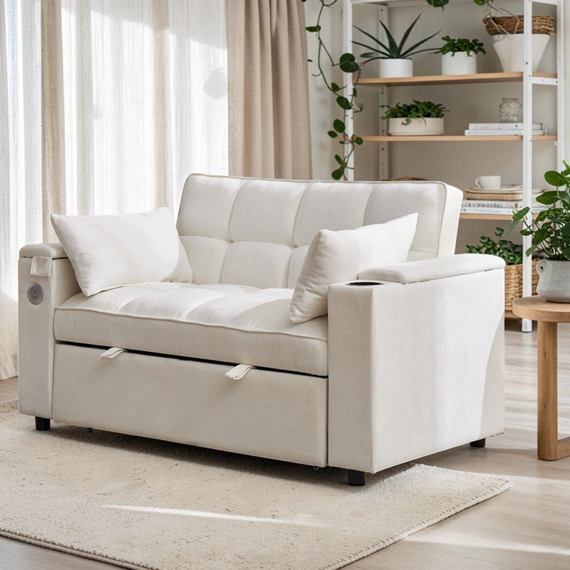 2 Seater Fabric Sofa Bed, Beige Fabric