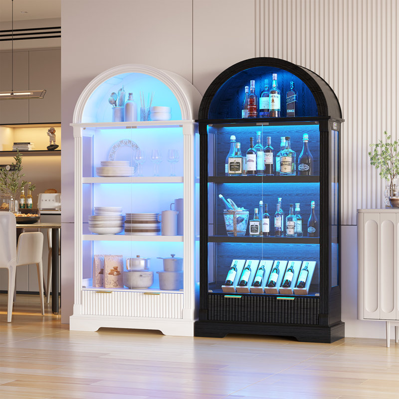 72" H  Arched China Cabinet with Glass Door ,4-Tier Curio Cabinet with RGB & Human Body Sensor, Black