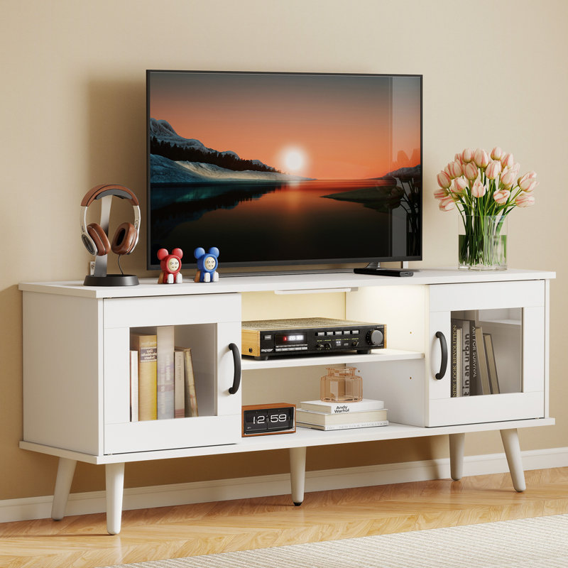 LED TV Stand with Acrylic Doors & Shelves, 47.5"  Console for TVs up to 55", White
