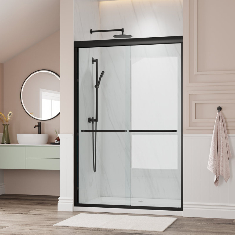 44" – 48″ W × 72″ H Double Sliding Semi-Frameless Shower Door in Matte Black with Cleancoat Glass, Matte Black