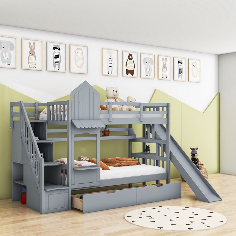 Kids Bunk Bed with 2 Drawers, Shelves and Slide, Gray, Twin Over Twin