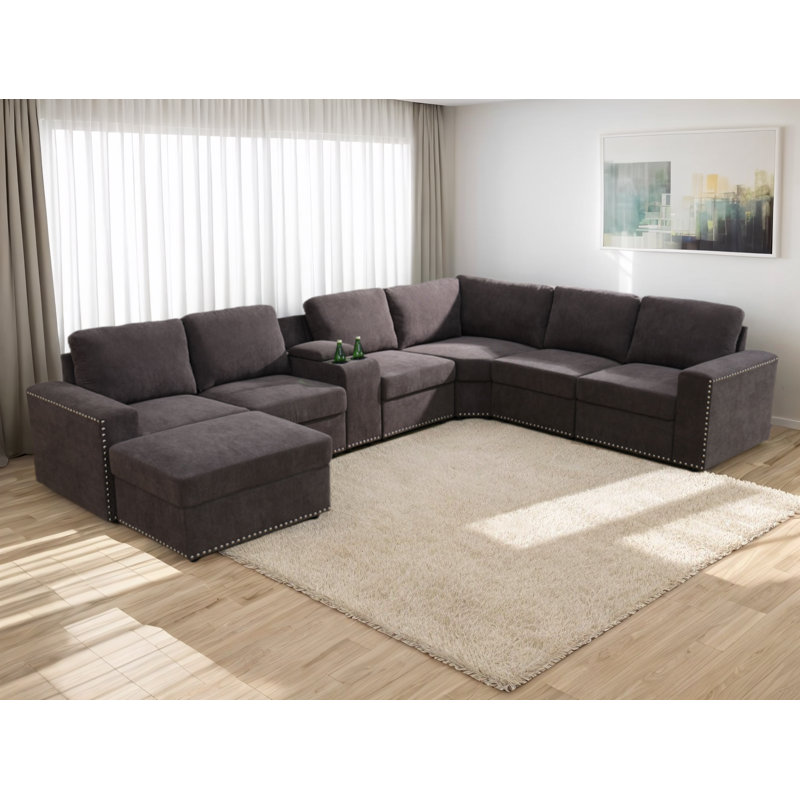 Canapé modulaire réversible en coin de flanelle 135 pièces de 135 po avec repose-pieds, Flanelle brune