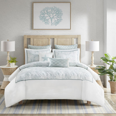 Housse de couette blanche double / grand - coton à contexture de 200 fils, broderie dollar foncé et sable, fermeture à boutons, 4 attaches intérieures, 2 taies décoratives, thème nautique 100% coton pour la vie sur la plage, et taies décoratives incluses