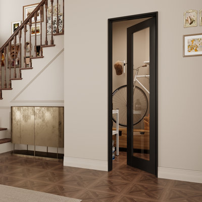 Intérieur 1-Lite cadre noir et porte en verre transparent, porte pré-montée en panneau de fibres à densité moyenne CARB P2 avec verre trempé SGCC, avec trousse de joint, bande d'étanchéité, charnières noires et ouverture à droite, pré-fini et résistant aux rayures, garde-manger, chambre à coucher, salle de bain et garde-robe , 24 po x 80 po
