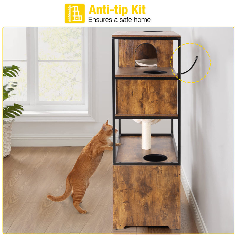 Brown Wooden 3-Story Cat Condo with Sisal Scratching Post