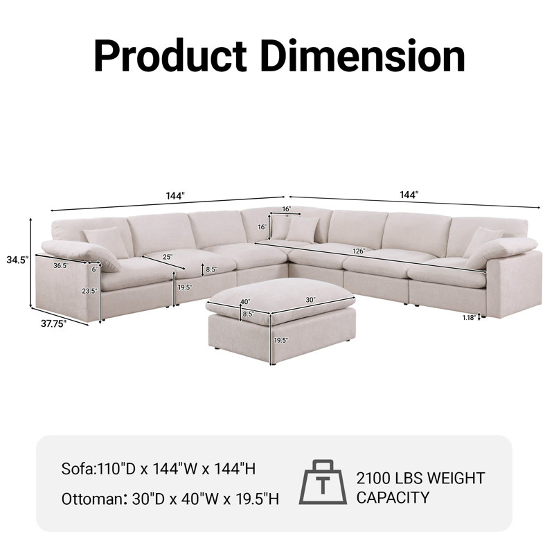 144" Chenille Modular Sectional Sofa 8 Seat Oversized Upholstered Cloud Couch With Corner & Movable Ottoman, Beige Chenille