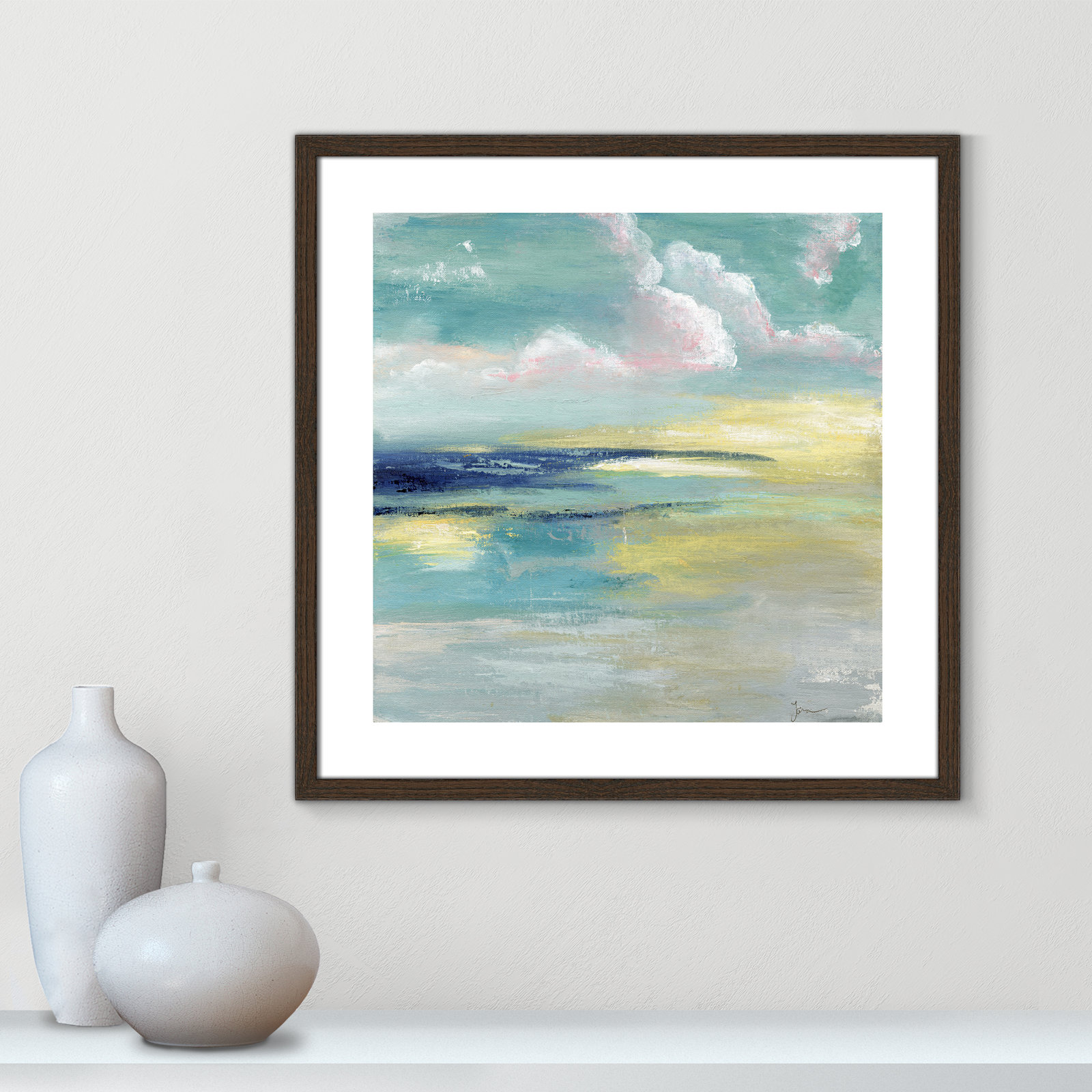 Bertie "Ocean View" Painting by Tava Studios, 24.75" H x 24.75" W x 0.75" D, Walnut Wood Framed Paper