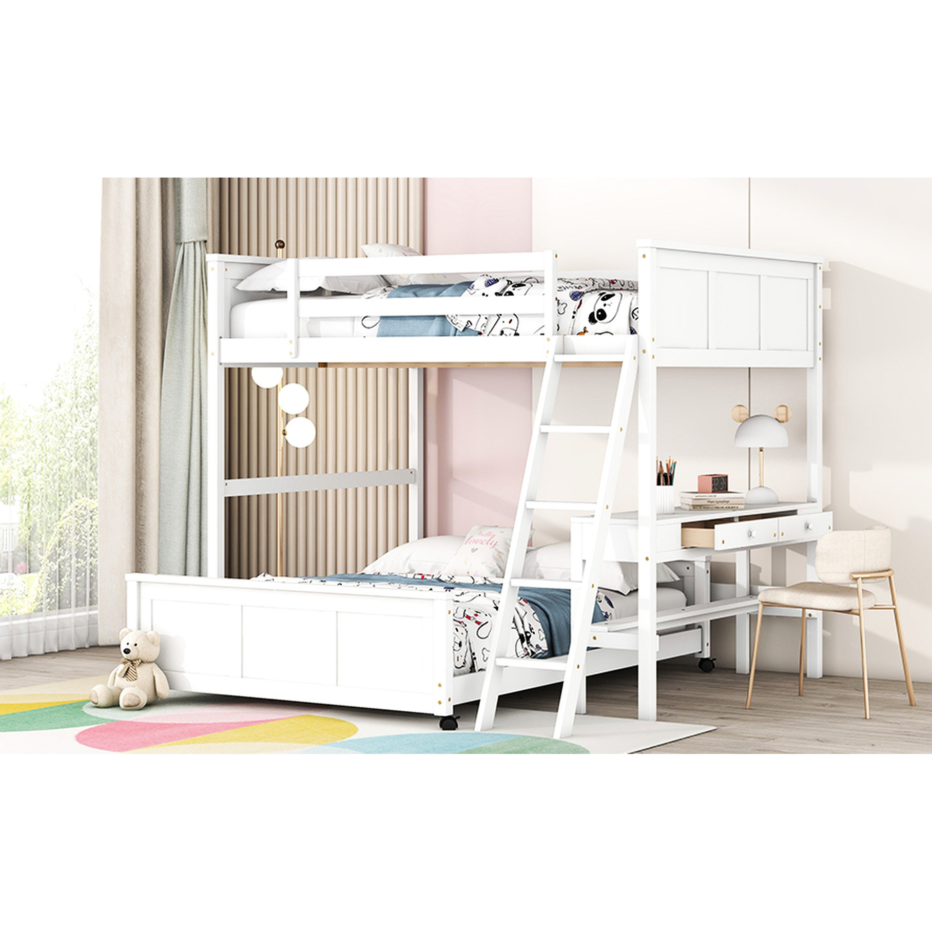 Ebern Designs Grey Twin Over Full Bunk Bed With Versatile Study Desk ...