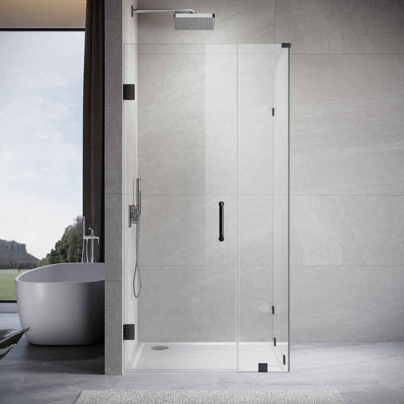UKH07 63-1/8 to 64 in. W X 38 in. D X 80 in. H Frameless Hinged Shower Door in Matte Black with EnduroShield 3/8 in. Clear Glass with 30 in. Door Panel