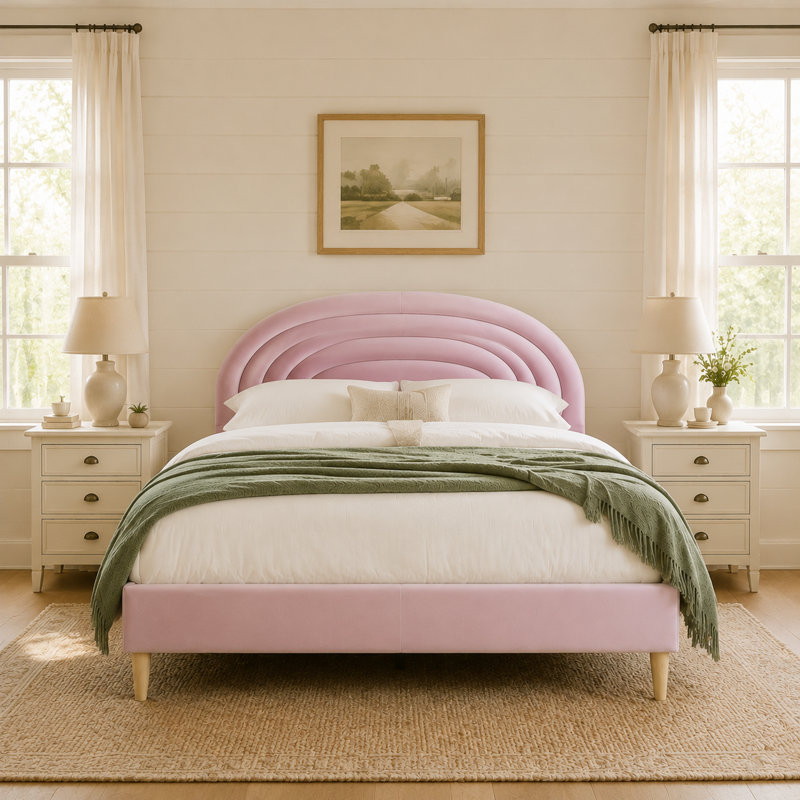 Halis Upholstered Scalloped Bed, Full, Pink Velvet