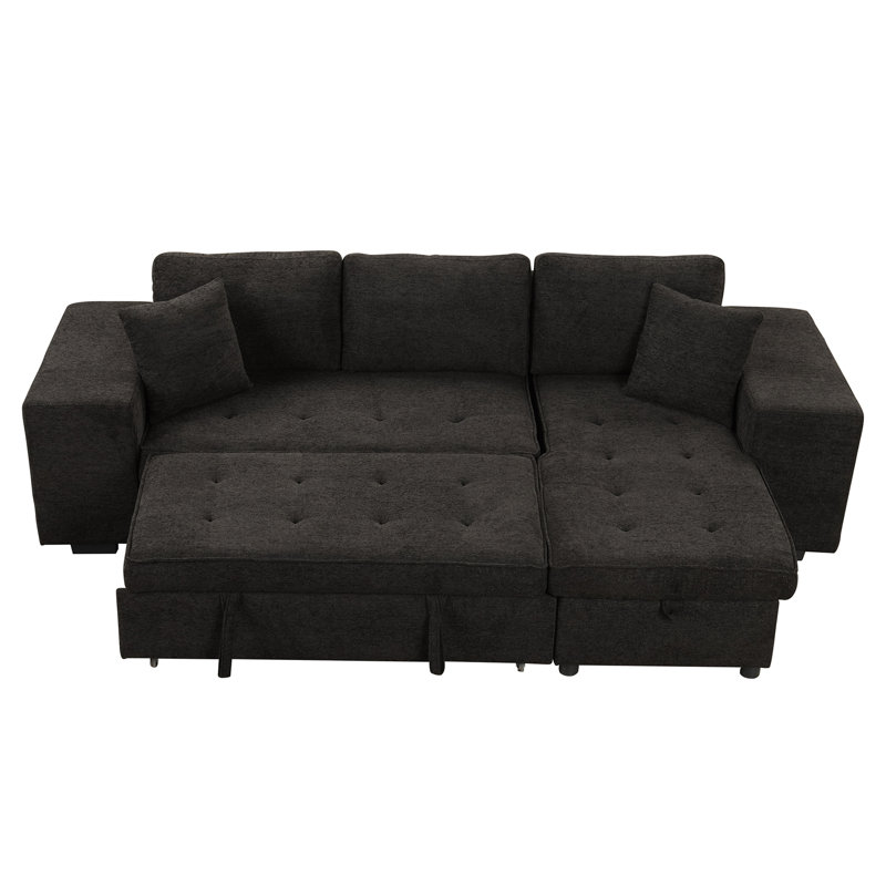 104.5" Modern L-Shape 3 Seat Reversible Sectional Couch, Pull Out Sleeper Sofa With Storage Chaise And 2 Stools For Living Room Furniture Set