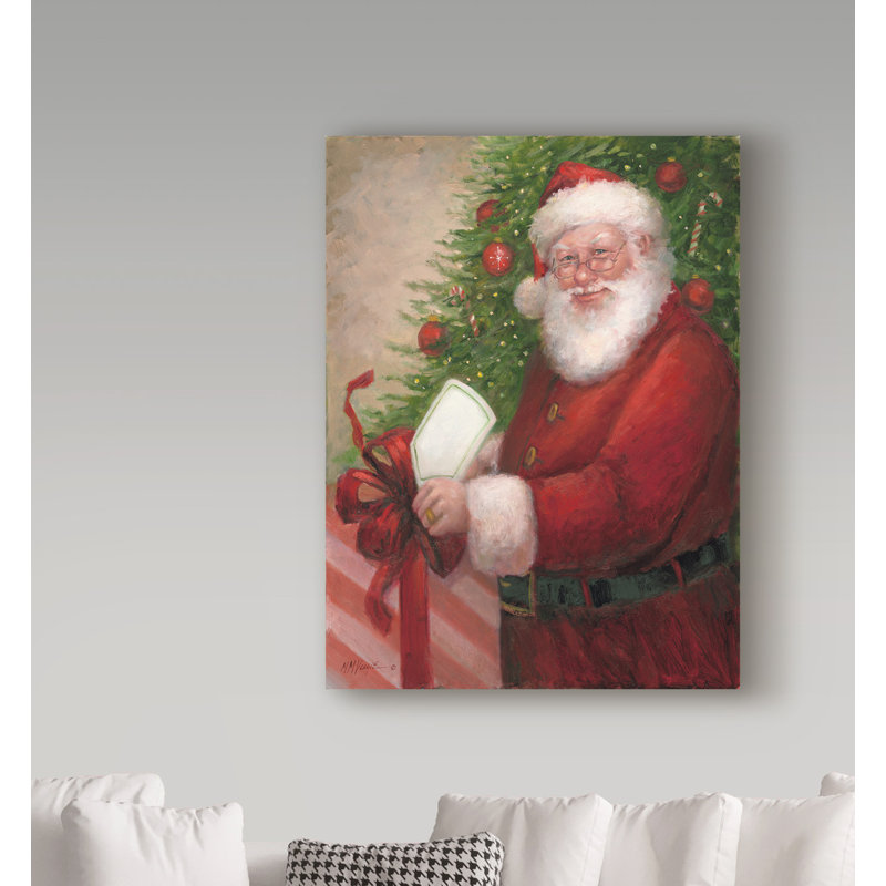 «Santa With a Gift», reproduction d'art acrylique sur toile tendue, H 19 po x l 14 po x P 2 po