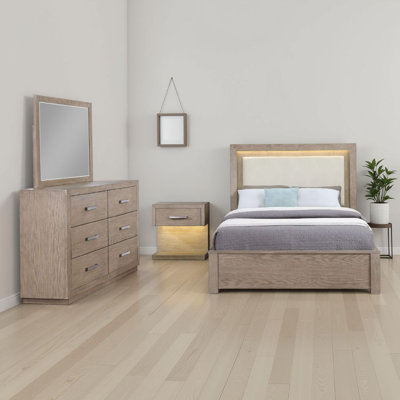 Ensemble de chambre à grand lit 4 pièces Keno, rangement sous le lit, DEL, revêtement beige