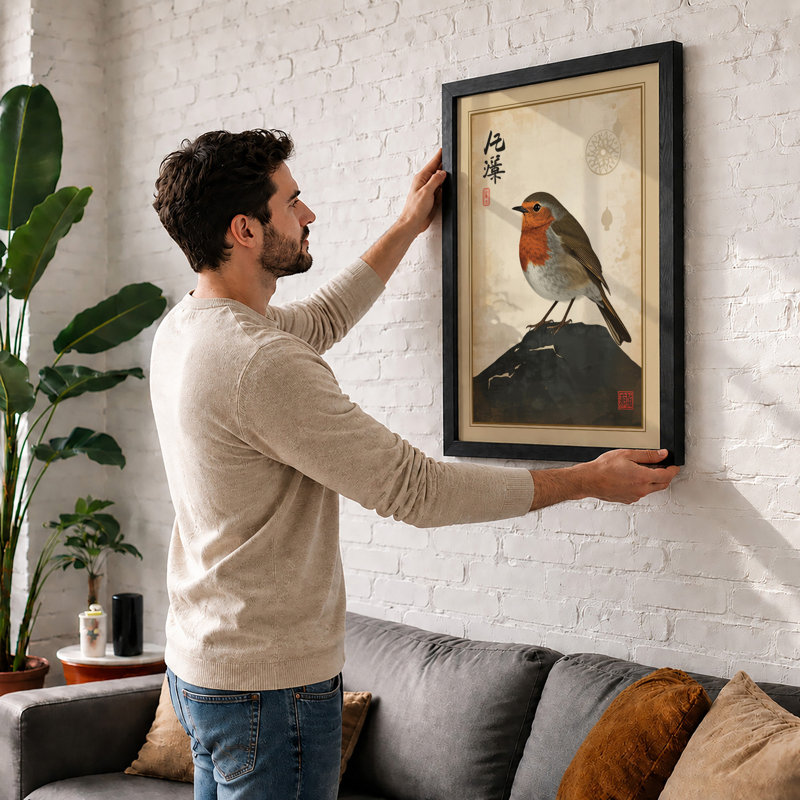 Perched Robin Japandi - Print, A2 - 59.4 x 42.0 cm, Black