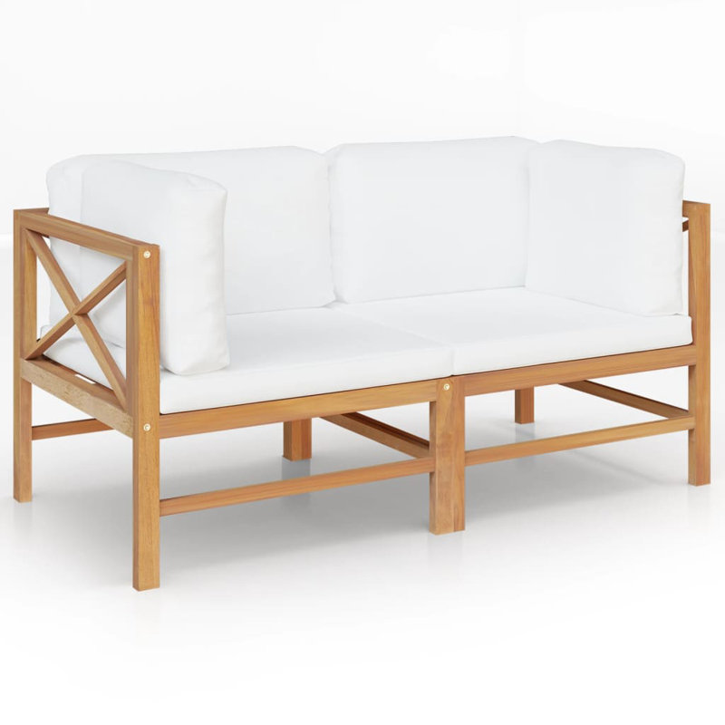  Outdoor Bench Cream Solid Teak Wood, 100% Polyester, White