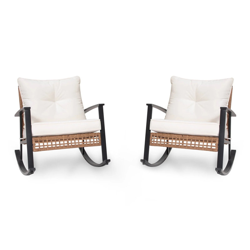 Aljaquan 2-Piece Patio Wicker Rocker with Cushions, BLANC - 2 PIÈCES