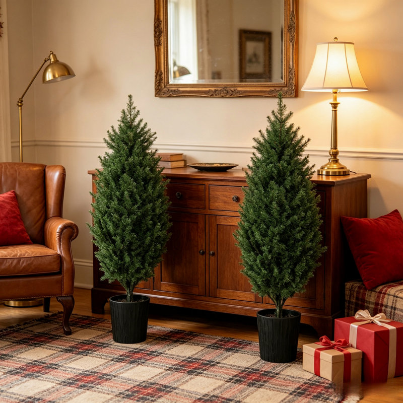 Lot de 2 sapins de Noël artificiels en cèdre de 1,20 m, résistants aux UV, avec branches en PE et embouts en pot, pour la décoration de votre maison ou terrasse pendant les fêtes.
