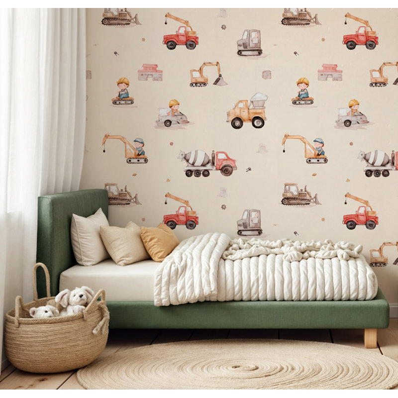 Murale de construction camions pour enfants | Papier peint adhésif pour chambre de garçon | Décoration murale amovible pour chambre de bébé