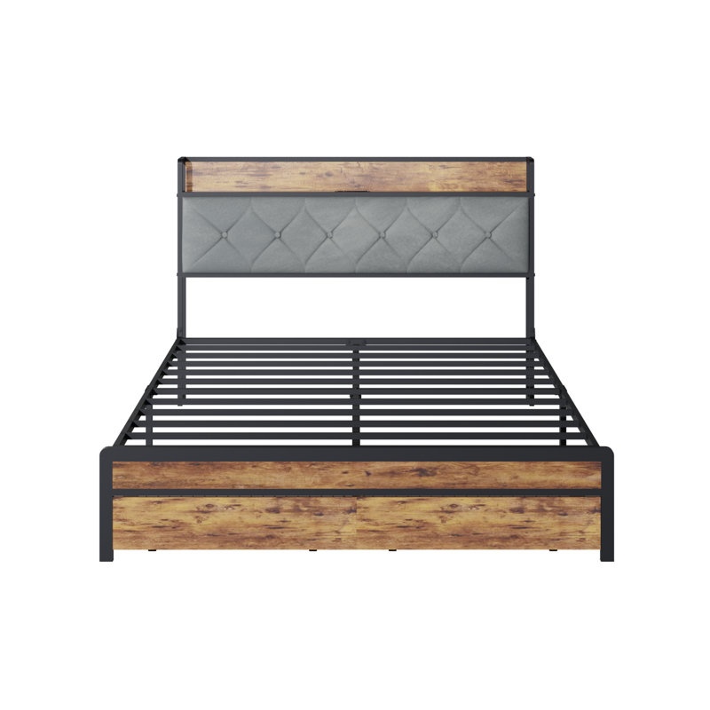 Metal Platform Bed Frame with Velvet Button-Tufted Headboard, 2 Storage Drawers, LED Light & USB Charging Port, Heavy Duty, Brown Wooden Panel, No Box Spring Needed