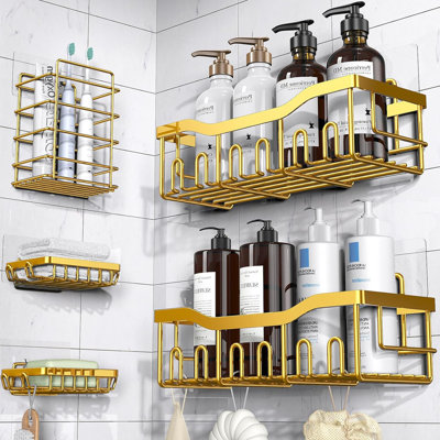 Panier de douche adhésif de grande taille, paquet de 5 organisateurs de bain en acier inoxydable antirouille avec grande capacité, sans tablettes de perçage