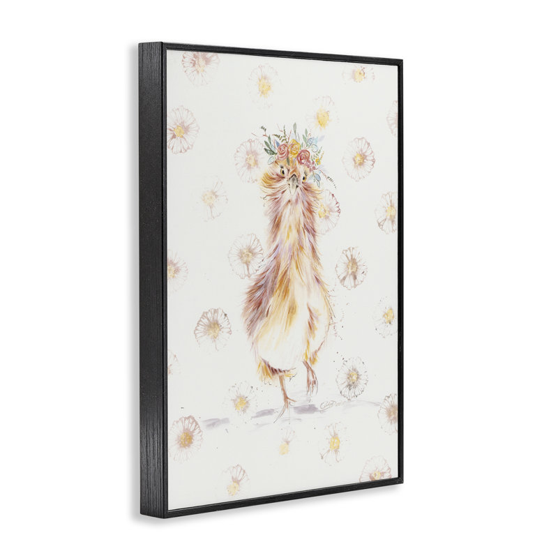 Poulet Silkie avec marguerites, estampe numérique, conception de Cady, H 18 po x l 12 po, Giclée encadrée noir minuit