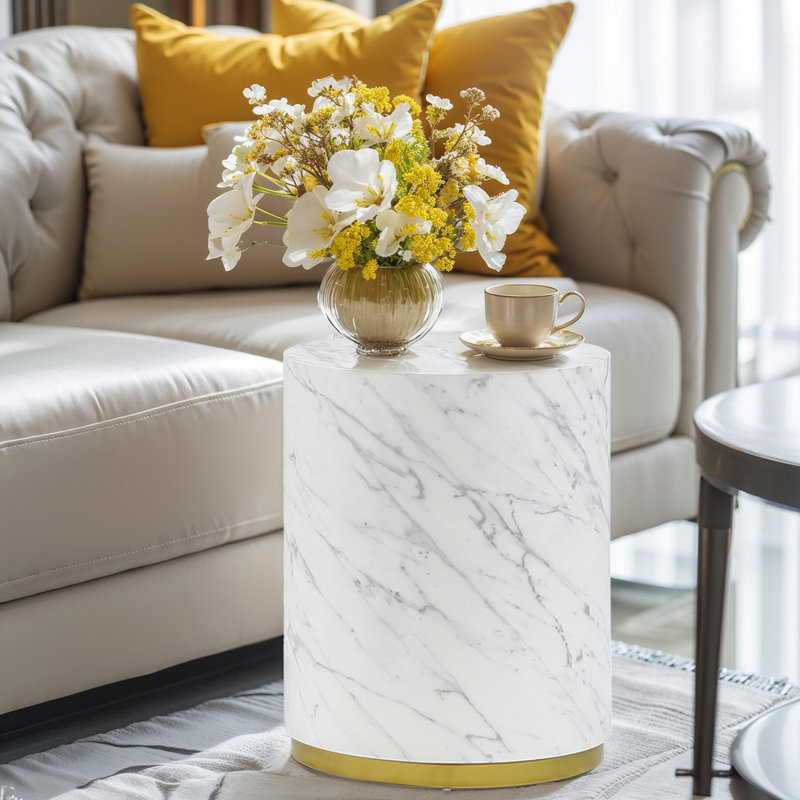 Round End Table, White, 19.6" H x 15.7" L x 15.7" W