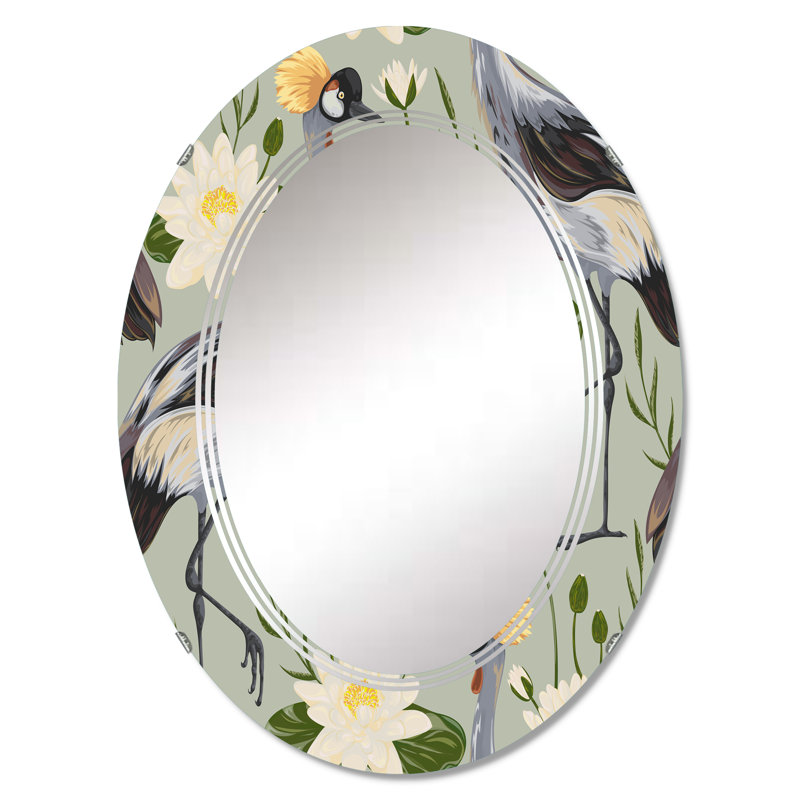 Crane Bird Wall Mirror, Water Lily Decorative Mirror - Crane Bird And Water Lilys On Grey, 30" x 20"