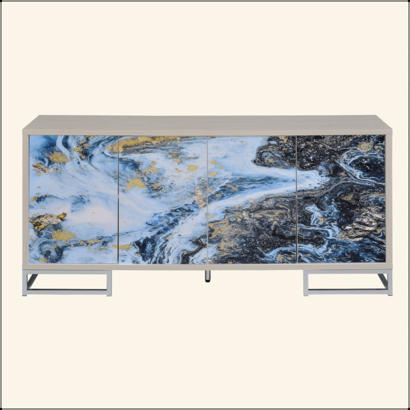 Blue Marble Paint & Chrome Finish Console Cabinet