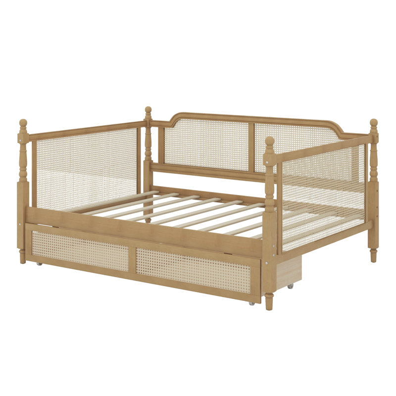 Traditional Style Rattan Daybed With 2 Drawers, Full