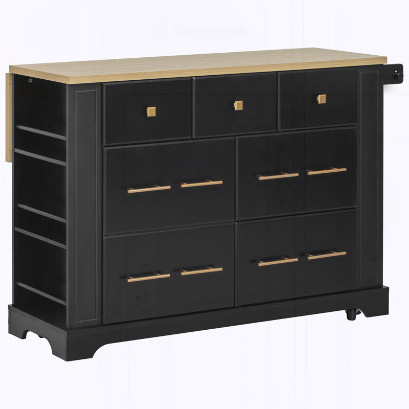 Kitchen Island with 6 Drawers, Pull Out Trash Can Storage, Rolling Kitchen Island on 5 Wheels with Drop Leaf, Black