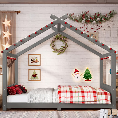 Full House Floor Bed with Support Slats, Solid Wood House Bed Frame for Kids, No Box Spring Needed and Opening Constructure, Gray