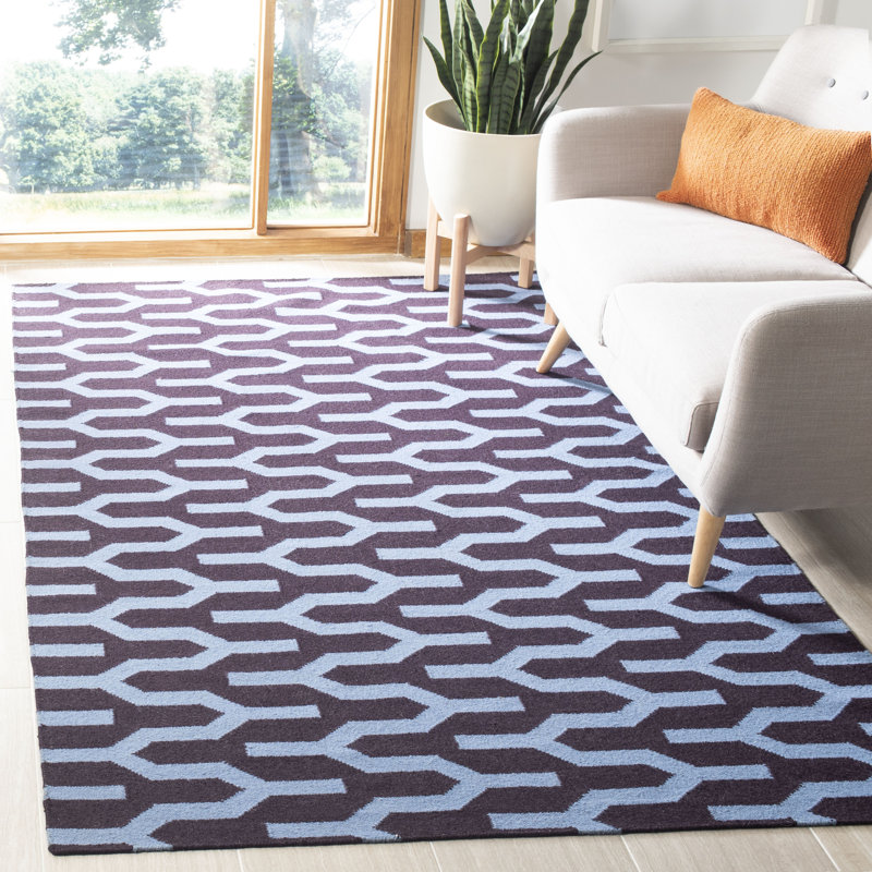 Rodgers Hand Woven Flat Weave Wool/Cotton Geometric Rug in Blue/Purple, Rectangle 8' x 10'