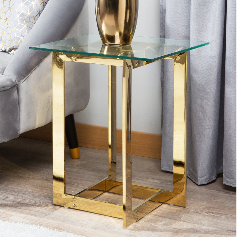 Runcorn Glass Top Cross Legs Square Side Table, Gold