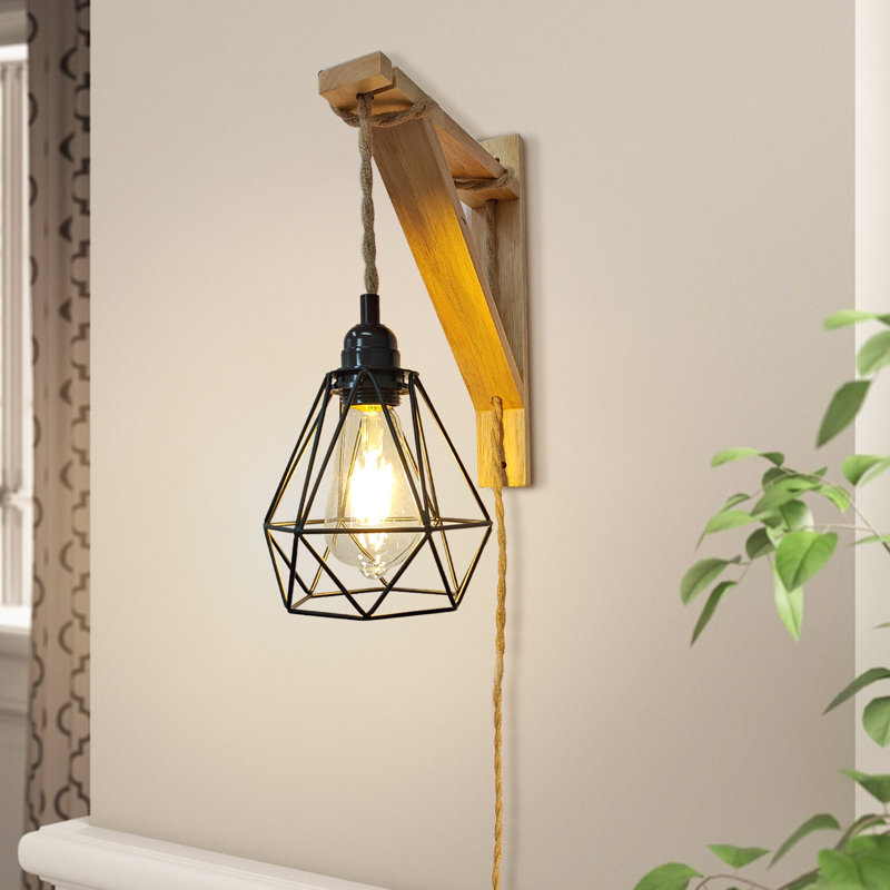 Rustic Plug-In Wall Sconce With Wood Shelf, Hanging Lamp With On/Off Switch, For Farmhouse Bedroom, Hallway, Living Room