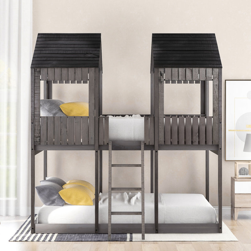 Lit double superposé avec garde-corps et toit en bois pratique, fenêtre, garde-corps, gris antique pour chambre