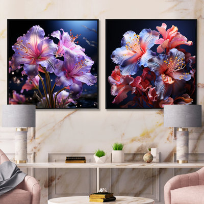 Rose et mauve, iris, nocturnal, chuchotements - ensemble de 2 collages carrés iris
