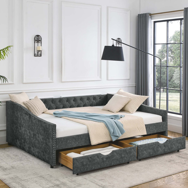 Queen Size Daybed With Drawers Upholstered Tufted Sofa Bed,With Button On Back And Nail On Waved Shape Arms (84.5"X63.5"X26.5")