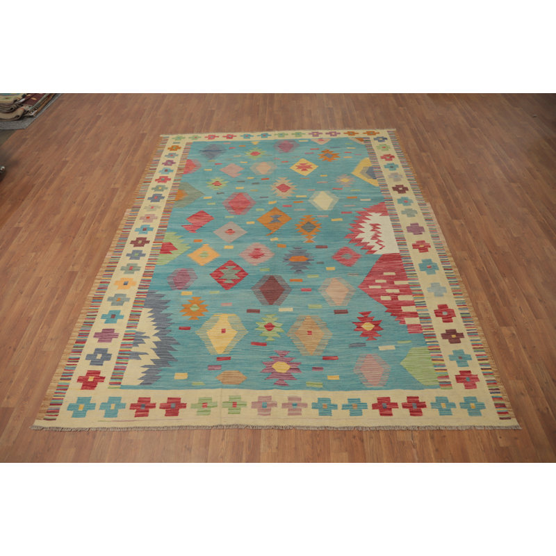 Tapis bleu clair Kilim à motif géométrique 8 x 10