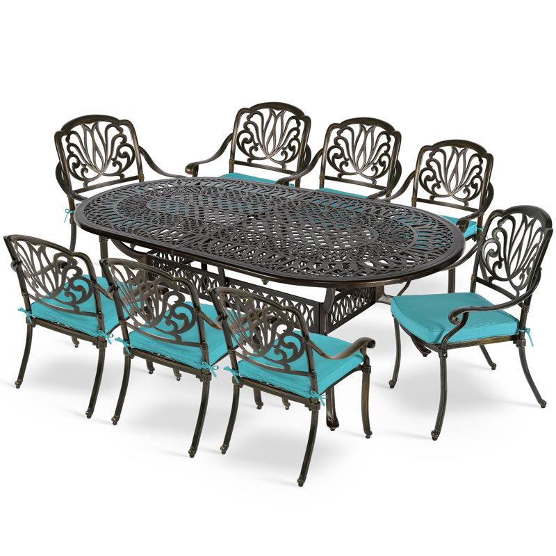 8 - Person Patio Dining Set with Oval Table , Cushions Included, Ocean Blue