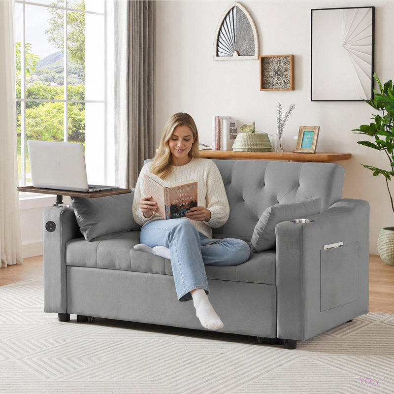 Velvet Sleeper Sofa Bed with Side Table, Cup Holder, USB Port