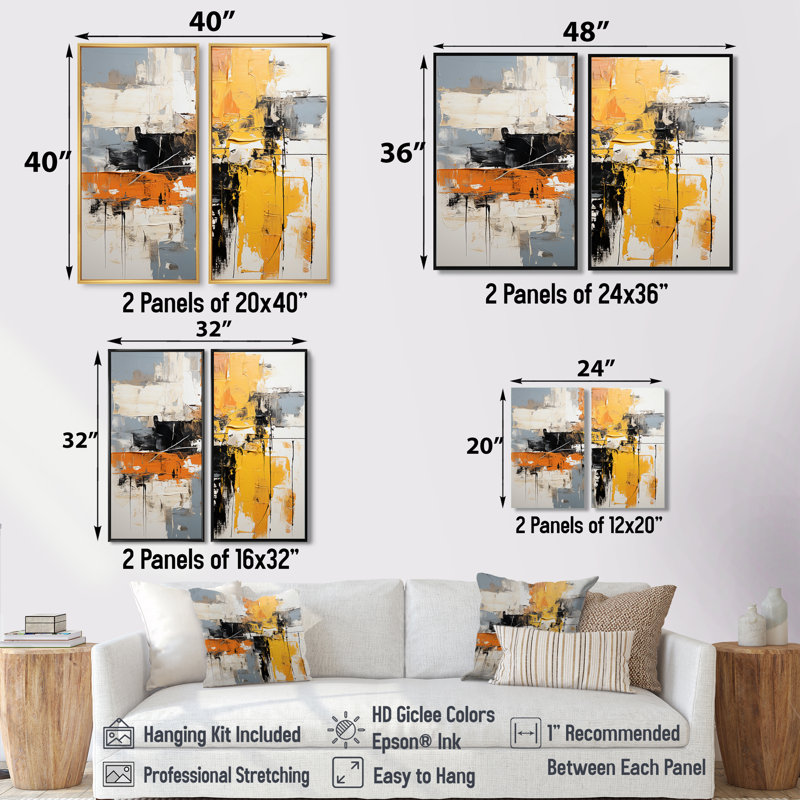 Abstrait collage jaune et noir II - art mural jaune 2 pièces, H 40 po x l 40 po, Impression encadrée flottante, Noir