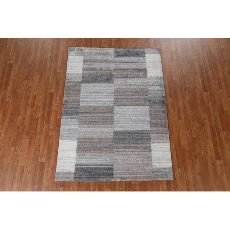 Tapis brun / ivoire / gris en laine noué à la main de conception unique 4 pi 9 po x 6 pi 9 po