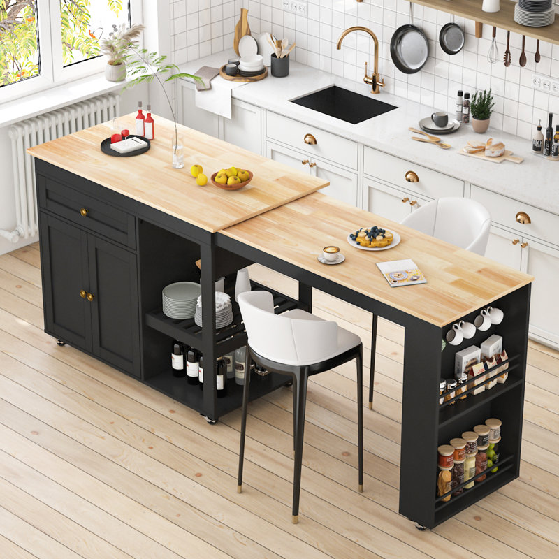 Îlot de cuisine 81,5 po avec table de salle à manger extensible pour 4 à 6 personnes, îlot de cuisine avec rangement 2 tiroirs, 2 tablettes latérales ouvertes, table bicolore avec rangement double