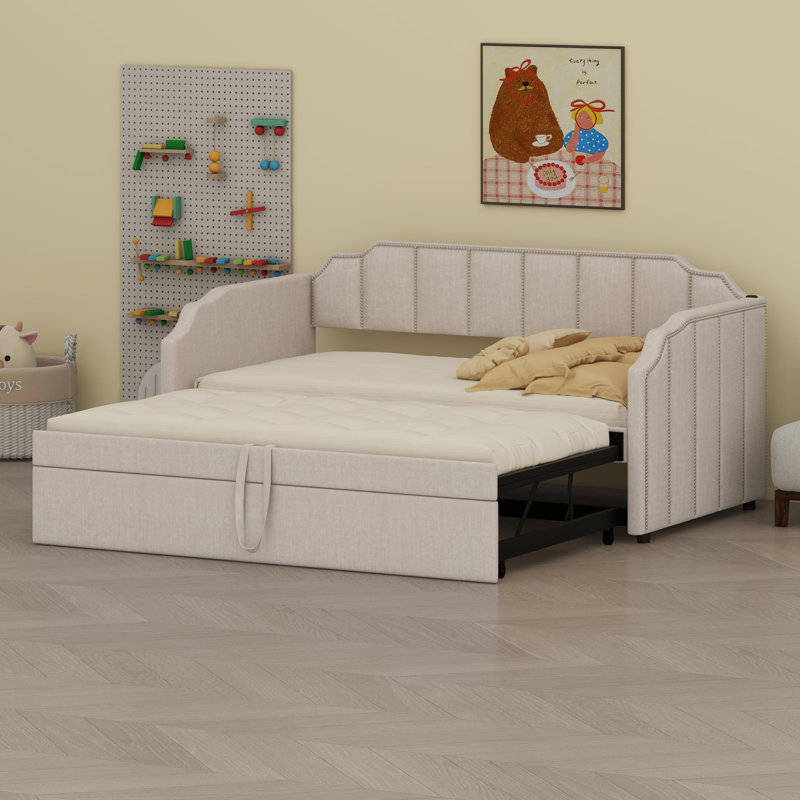 Modern Daybed Frame with Pull-Out Guest Bed and Integrated USB Charging Stations, Beige