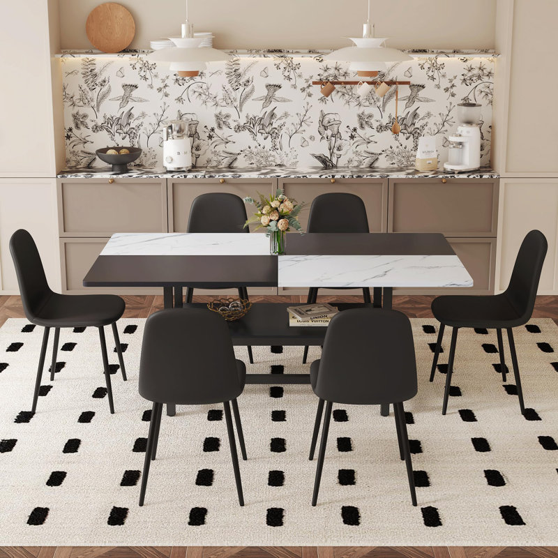 Rectangular Dining Table Set For 6, 71" Farmhouse Dining Table Set With 6 Upholstered Chairs And Storage Shelf, Marble Grain Tabletop With Metal Frame, Black/White Split-Colour