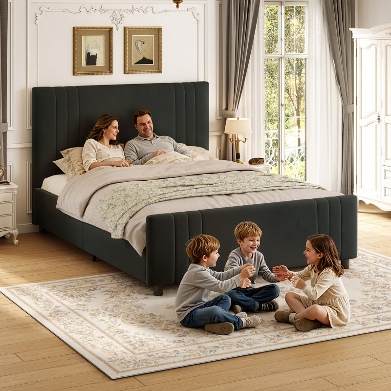 Modern Velvet Upholstered Platform Bed, Kingsize (5'), Black