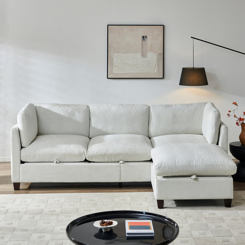Canapé d'angle beige en chenille de 245 cm (96,5 po) avec 1 pouf, canapé de salon rembourré et moelleux, Beige Chenille