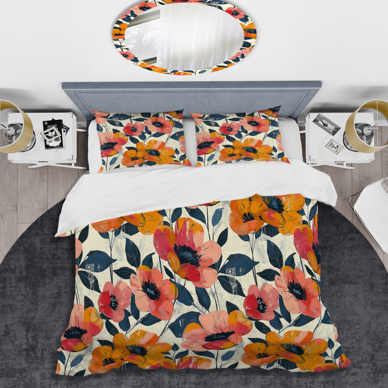 Ensemble de housse de couette moderne Orange Green Floral Fusion Gardens II, King Duvet Cover + 2 King Shams