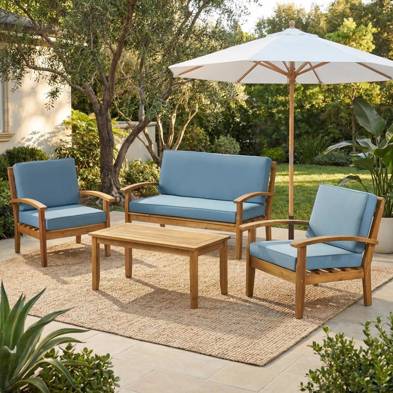 Shynel Acacia 4 - Person Patio Conversation Set with Cushions, Brown/Blue